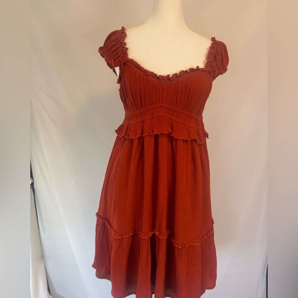 Peach Love size MEDIUM burnt orange crepe rayon midi dress, petal sleeve, lined
